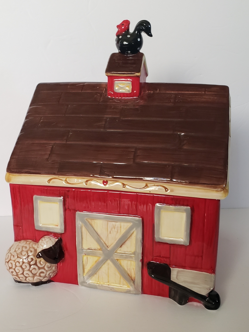 Vintage 1980s Red Barn Cookie Jar Ceramic Rooster Cow Sheep Farmhouse Decor EUC